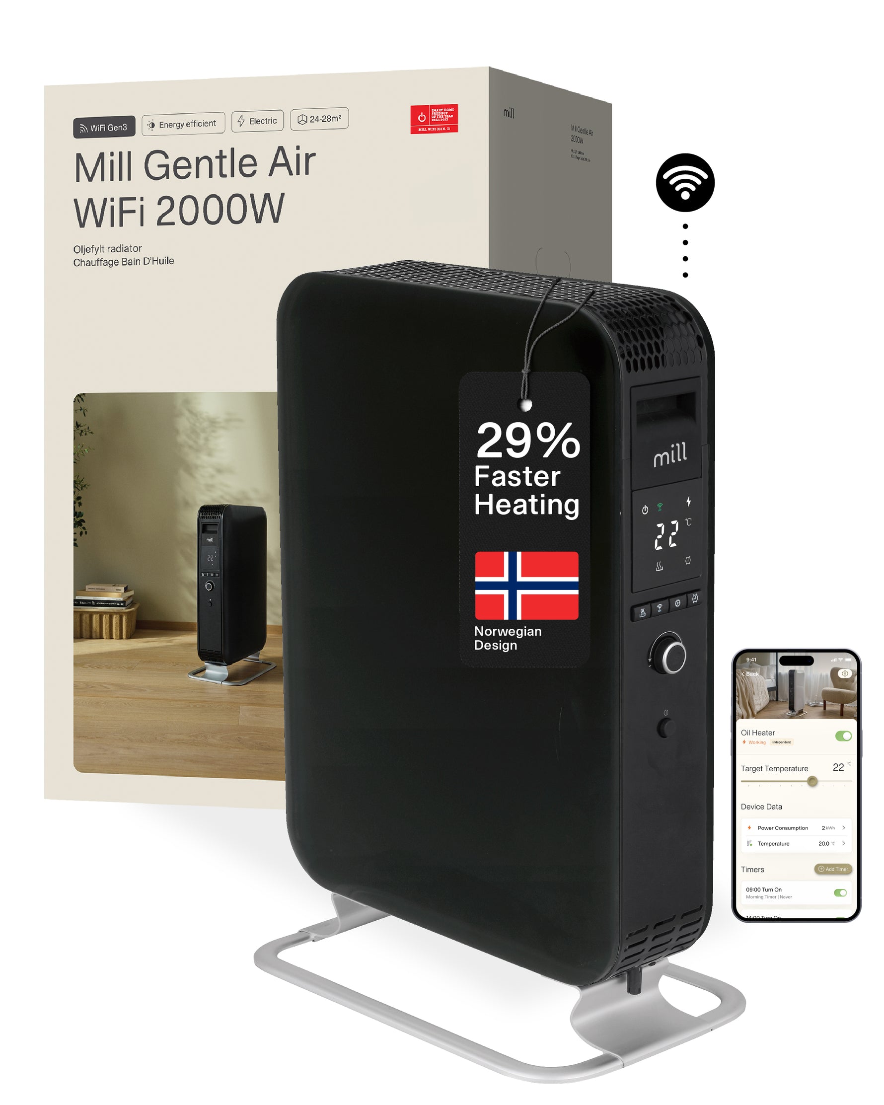 Mill | Масляный радиатор Wi-Fi GEN3 | OIL2000WIFI3 | Масляный радиатор | 2000 Вт | 3 режима | черный