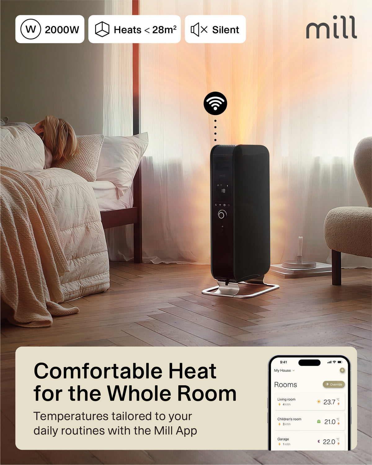 Mill | Масляный радиатор Wi-Fi GEN3 | OIL2000WIFI3 | Масляный радиатор | 2000 Вт | 3 режима | черный