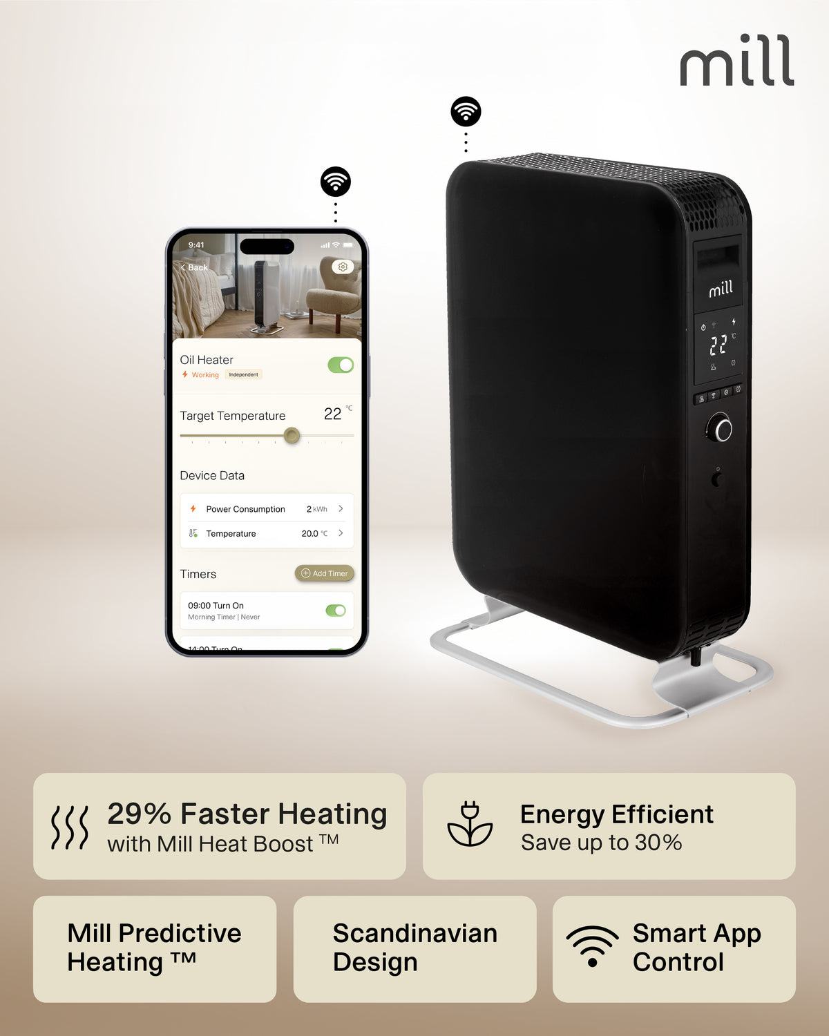 Mill | Масляный радиатор Wi-Fi GEN3 | OIL2000WIFI3 | Масляный радиатор | 2000 Вт | 3 режима | черный