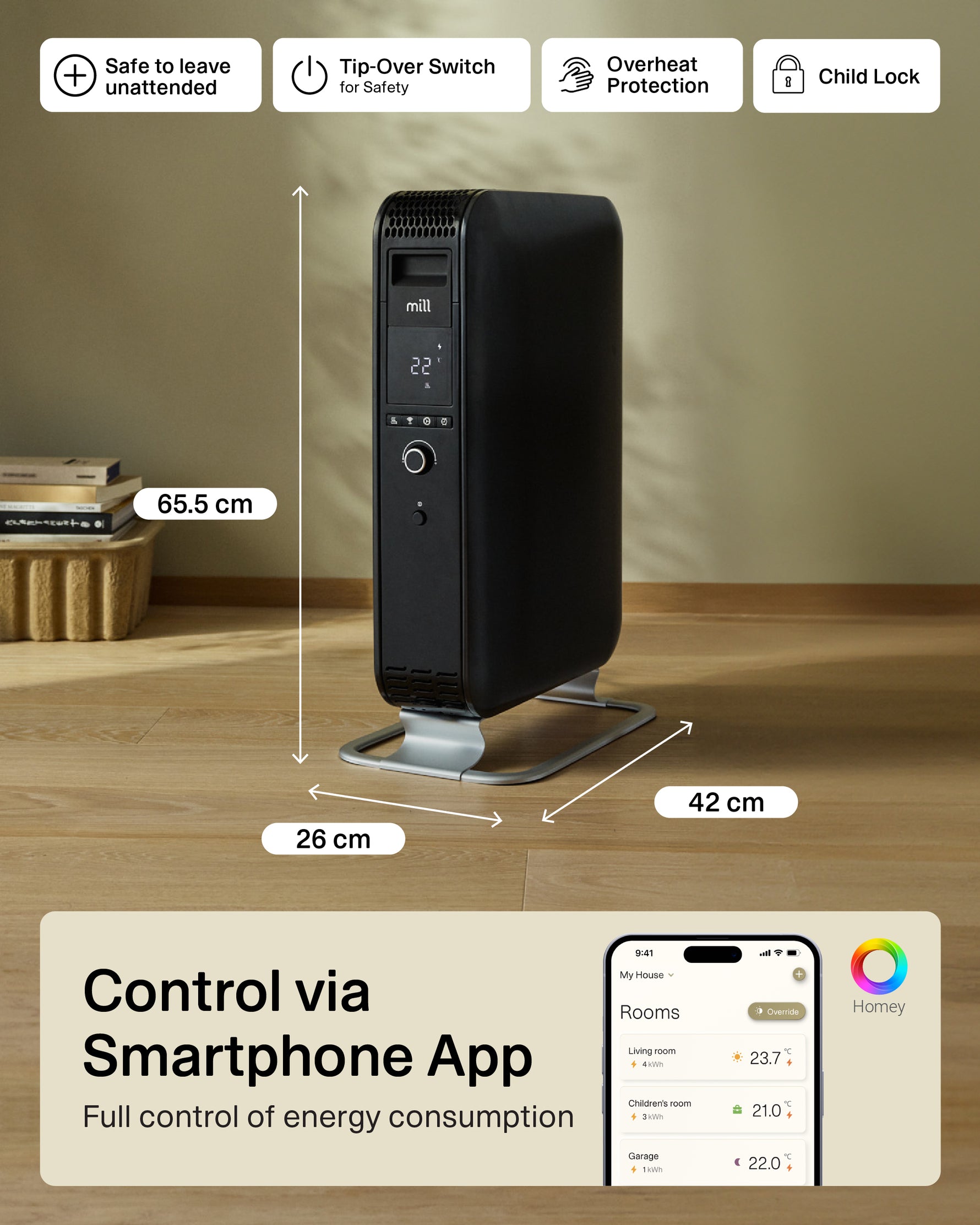 Mill | Масляный радиатор Wi-Fi GEN3 | OIL2000WIFI3 | Масляный радиатор | 2000 Вт | 3 режима | черный