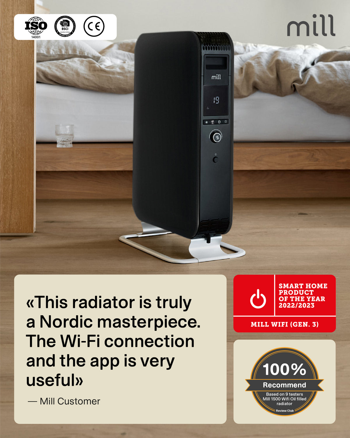 Mill | Масляный радиатор Wi-Fi GEN3 | OIL2000WIFI3 | Масляный радиатор | 2000 Вт | 3 режима | черный