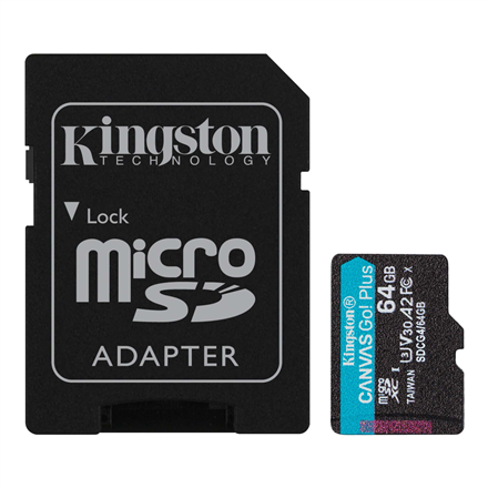 Kingston Canvas Go! Zibatmiņas karte | 64 GB | microSDXC UHS-I atmiņas karte | A2 / Video Class V30 / UHS-I U3 / Class 10