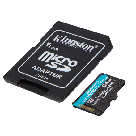 Kingston Canvas Go! Zibatmiņas karte | 64 GB | microSDXC UHS-I atmiņas karte | A2 / Video Class V30 / UHS-I U3 / Class 10
