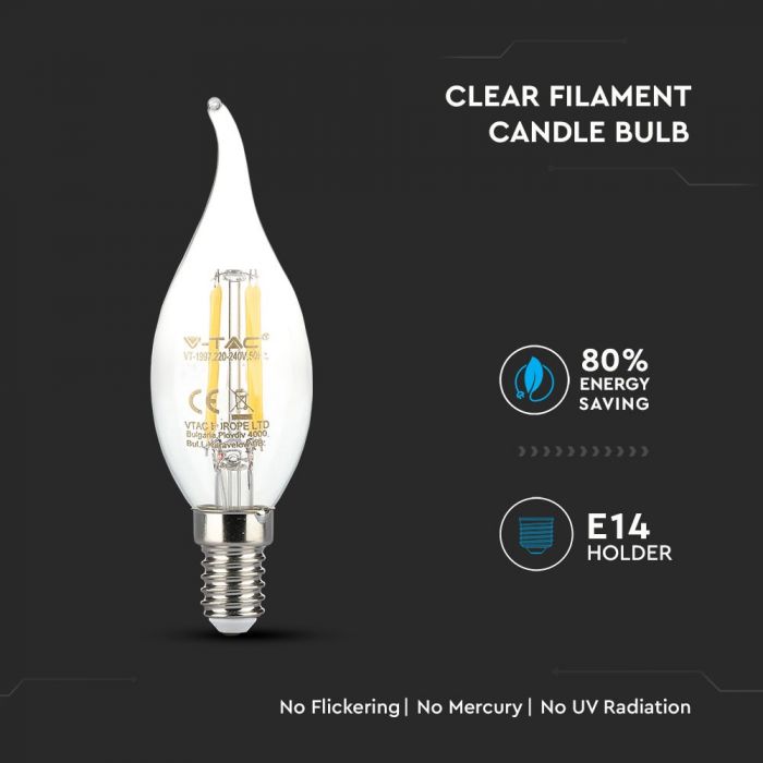 E14 4W(400Lm) LED hõõglamp, leegikujuline, V-TAC, jaheda valge valgus 6000K