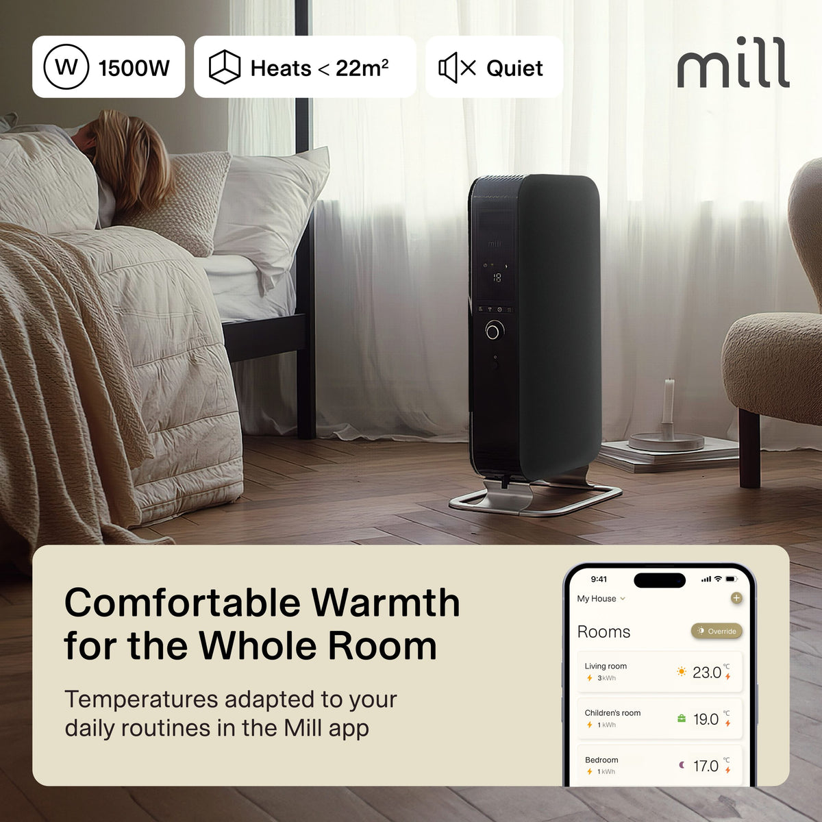 Mill Gentle Air WiFi eļļas radiators OIL1500WIFI3BLACK, 1500 W