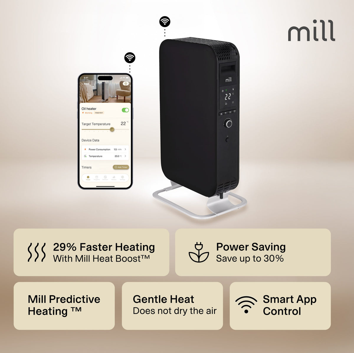 Mill Gentle Air WiFi eļļas radiators OIL1500WIFI3BLACK, 1500 W