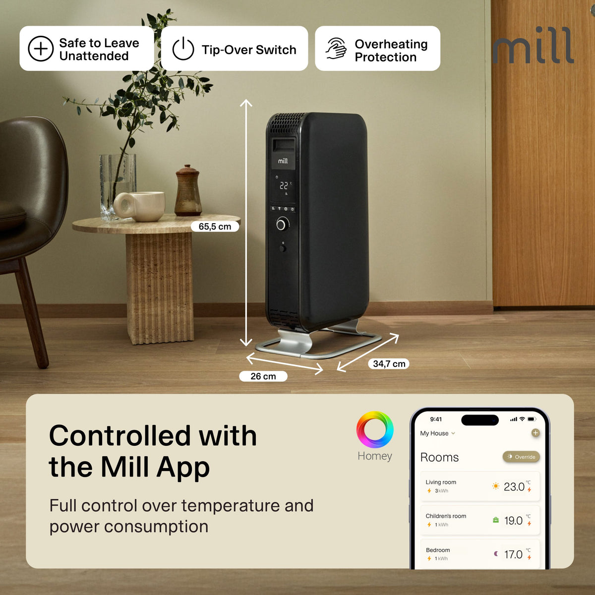 Mill Gentle Air WiFi eļļas radiators OIL1500WIFI3BLACK, 1500 W