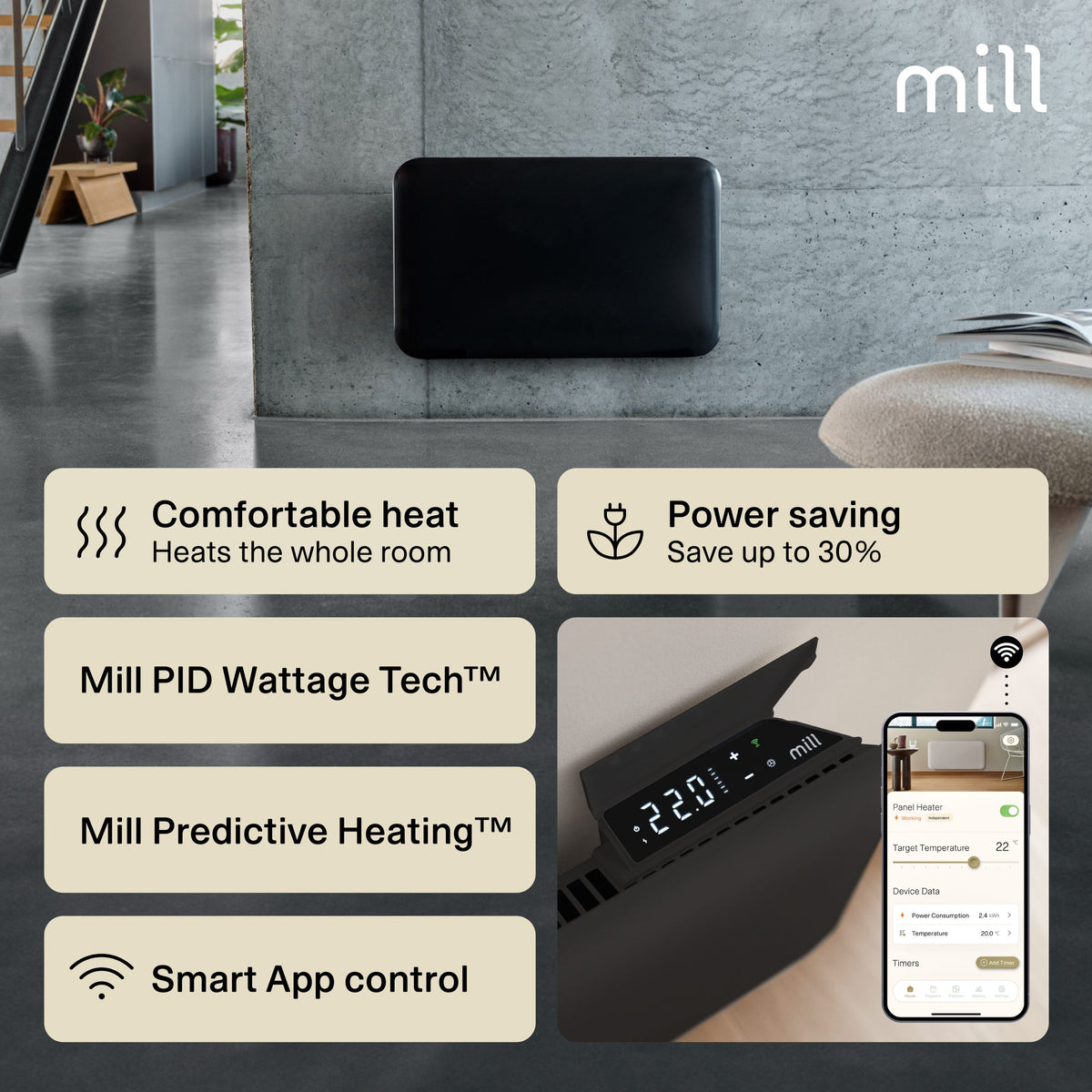 Mill Invisible Smart WiFi paneļu sildītājs PA600WIFI4BLACK, 600 W, melns