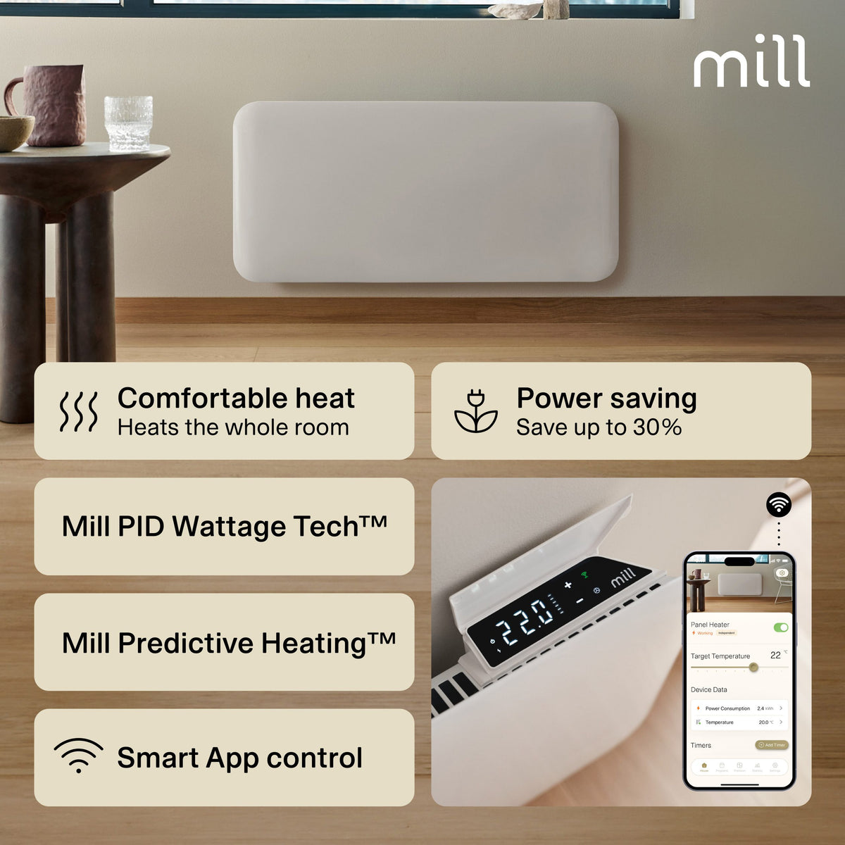 Mill Invisible Smart WiFi paneļu sildītājs PA1500WIFI4, 1500 W, balts