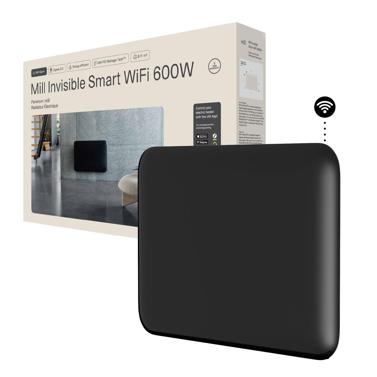 Mill Invisible Smart WiFi paneļu sildītājs PA1300WIFI4B, 1300 W, melns
