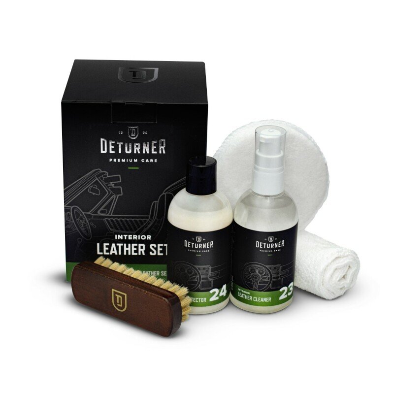 DETURNER LEATHER SET - nahahoolduskomplekt sisaldab 250ml nahapuhastusvahendit, 250ml nahakaitsevahendit, nahapuhastusharja, aplikaatorit ja mikrokiudlappi.
