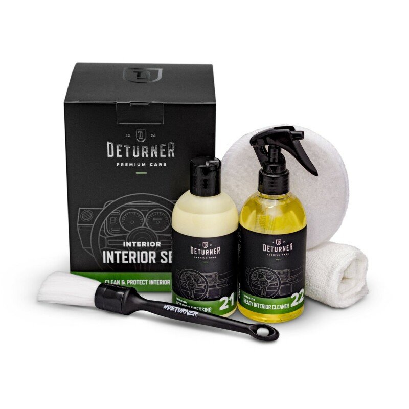 DETURNER INTERIOR SET - A set of care products for cleaning and protecting interior elements. The set includes: 250ml cleaner + 250ml protective agent + applicator + microfiber cloth + brush 