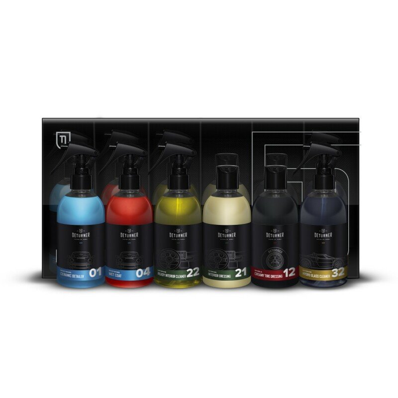 DETURNER DETAILING SET - Autokopšanas komplekts 6x250ml. Komplektā ietilpst interjera tīrāmais, interjera aizsarglīdzeklis, riepu spodrināmais, keramiskais vasks, stikla tīrāmais un nano vasks