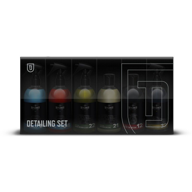 DETURNER DETAILING SET - autode puhastuskomplekt 6x250ml. Komplekti kuuluvad sisepuhastusvahend, interjööri kaitsevahend, rehvipoolaine, keraamiline vaha, klaaspuhastusvahend ja nanovaha.