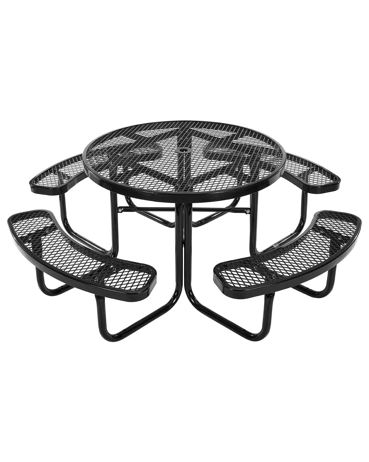 VEVOR smagās klases piknika galds, āra mēbeļu komplekts, laikapstākļiem izturīgs terases ēdamzonas komplekts ar tērauda pārklājumu, 116 cm apaļš galds ar soliem un saulessarga atveri, dārzam, pagalmam un terasei (melns)