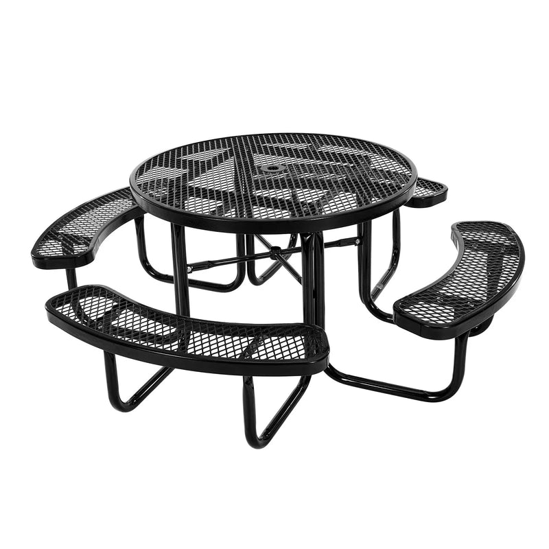 VEVOR smagās klases piknika galds, āra mēbeļu komplekts, laikapstākļiem izturīgs terases ēdamzonas komplekts ar tērauda pārklājumu, 116 cm apaļš galds ar soliem un saulessarga atveri, dārzam, pagalmam un terasei (melns)