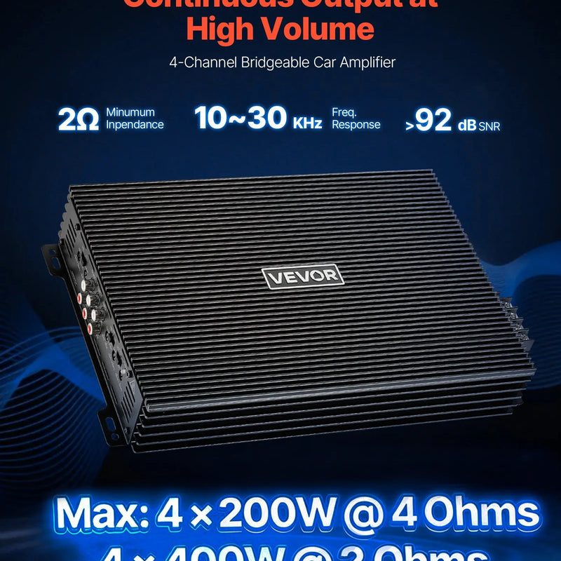 VEVOR automašīnas audio pastiprinātājs, 4 kanālu tiltojams auto pastiprinātājs, daudzkanālu Class AB stereo pastiprinātājs ar maksimālo jaudu 4 × 200 W pie 4 Ω / 4 × 400 W pie 2 Ω, augstas jaudas pastiprinātājs SUV, pikapiem un bezceļu transportlīdzekļiem