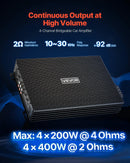 VEVOR automašīnas audio pastiprinātājs, 4 kanālu tiltojams auto pastiprinātājs, daudzkanālu Class AB stereo pastiprinātājs ar maksimālo jaudu 4 × 200 W pie 4 Ω / 4 × 400 W pie 2 Ω, augstas jaudas pastiprinātājs SUV, pikapiem un bezceļu transportlīdzekļiem