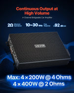 VEVOR automašīnas audio pastiprinātājs, 4 kanālu tiltojams auto pastiprinātājs, daudzkanālu Class AB stereo pastiprinātājs ar maksimālo jaudu 4 × 200 W pie 4 Ω / 4 × 400 W pie 2 Ω, augstas jaudas pastiprinātājs SUV, pikapiem un bezceļu transportlīdzekļiem