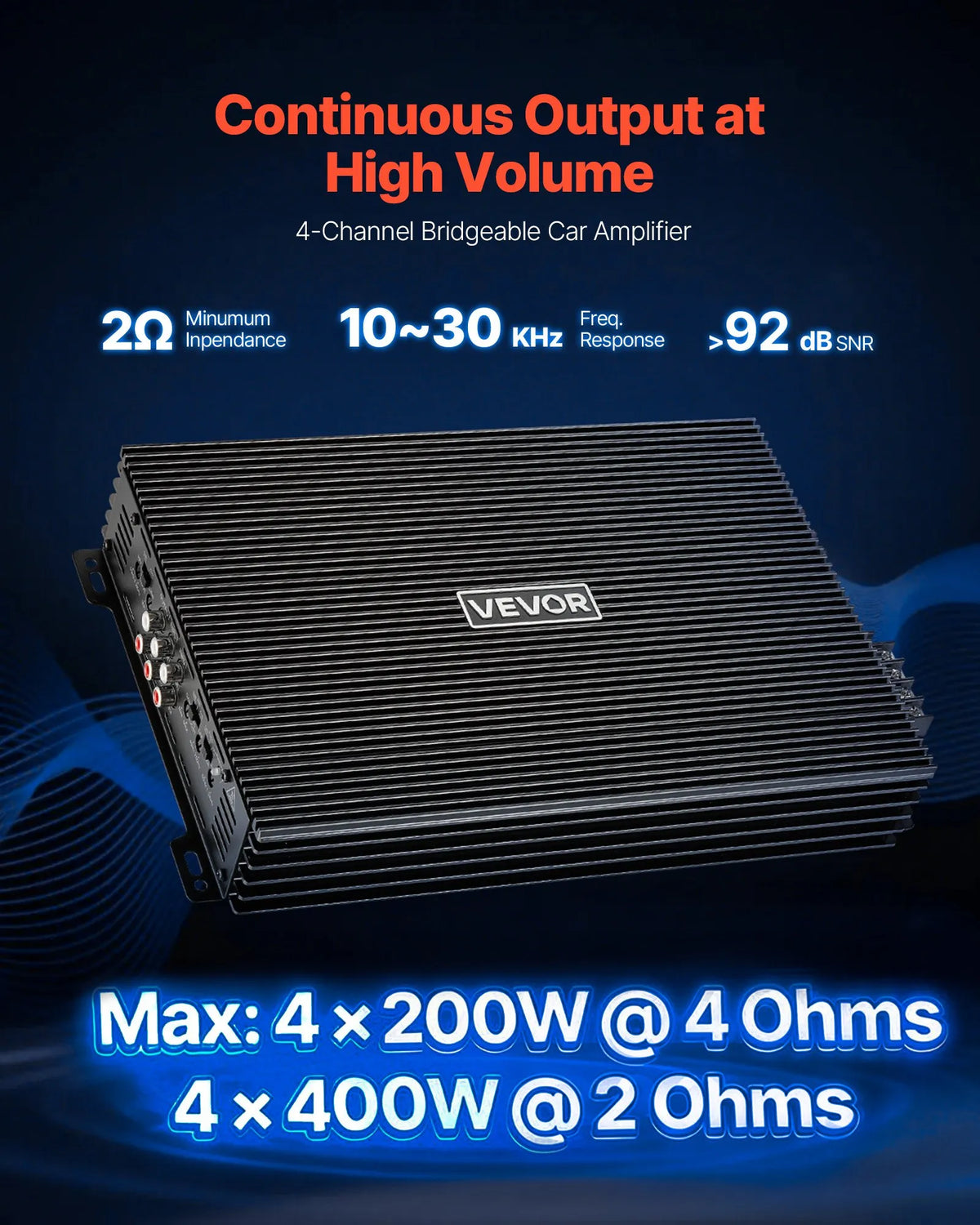 VEVOR automašīnas audio pastiprinātājs, 4 kanālu tiltojams auto pastiprinātājs, daudzkanālu Class AB stereo pastiprinātājs ar maksimālo jaudu 4 × 200 W pie 4 Ω / 4 × 400 W pie 2 Ω, augstas jaudas pastiprinātājs SUV, pikapiem un bezceļu transportlīdzekļiem