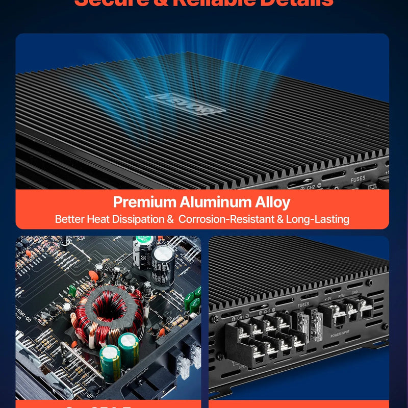 VEVOR automašīnas audio pastiprinātājs, 4 kanālu tiltojams auto pastiprinātājs, daudzkanālu Class AB stereo pastiprinātājs ar maksimālo jaudu 4 × 200 W pie 4 Ω / 4 × 400 W pie 2 Ω, augstas jaudas pastiprinātājs SUV, pikapiem un bezceļu transportlīdzekļiem