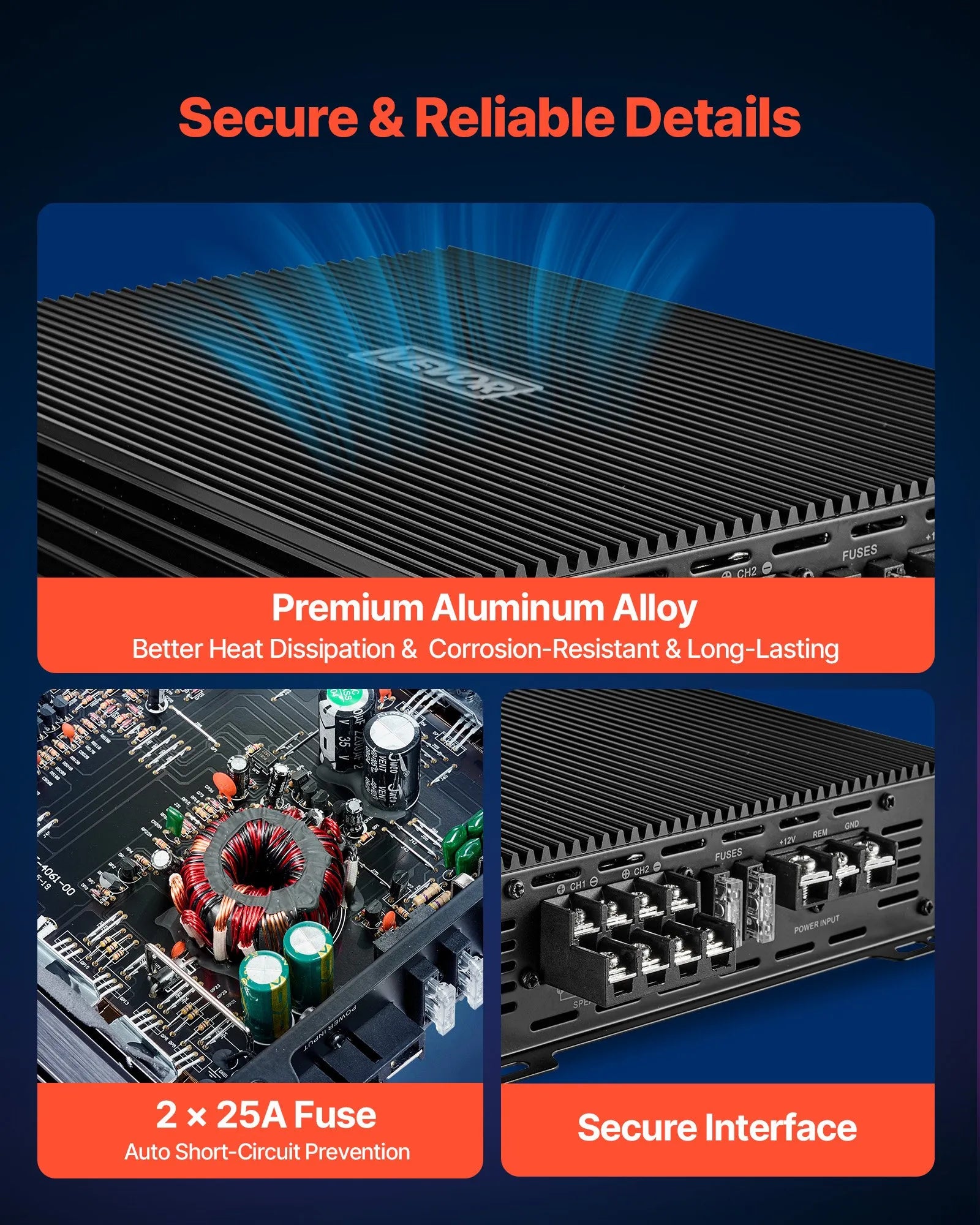VEVOR automašīnas audio pastiprinātājs, 4 kanālu tiltojams auto pastiprinātājs, daudzkanālu Class AB stereo pastiprinātājs ar maksimālo jaudu 4 × 200 W pie 4 Ω / 4 × 400 W pie 2 Ω, augstas jaudas pastiprinātājs SUV, pikapiem un bezceļu transportlīdzekļiem