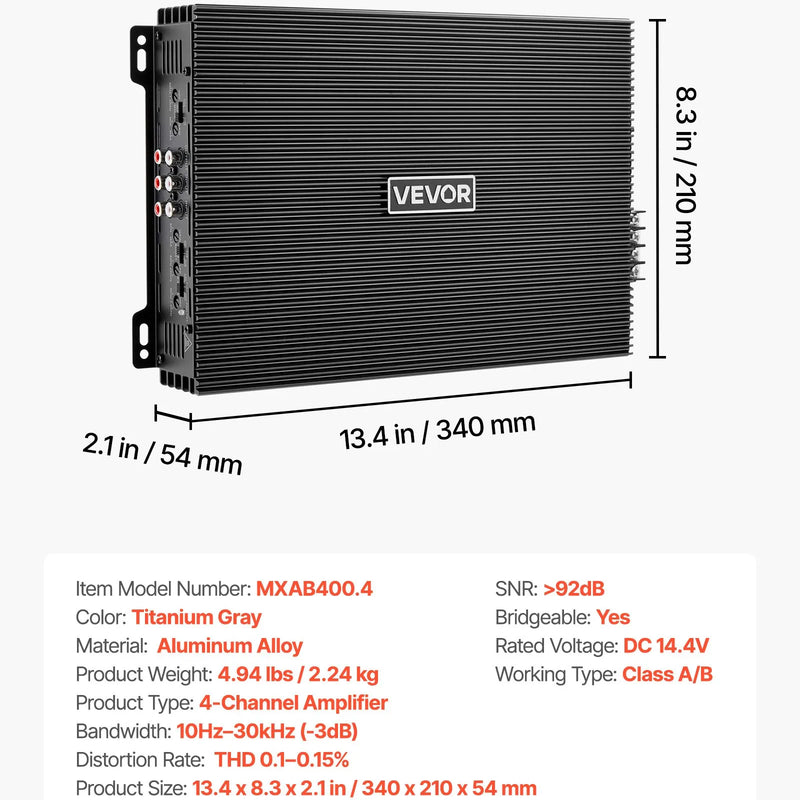 VEVOR automašīnas audio pastiprinātājs, 4 kanālu tiltojams auto pastiprinātājs, daudzkanālu Class AB stereo pastiprinātājs ar maksimālo jaudu 4 × 200 W pie 4 Ω / 4 × 400 W pie 2 Ω, augstas jaudas pastiprinātājs SUV, pikapiem un bezceļu transportlīdzekļiem