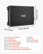VEVOR automašīnas audio pastiprinātājs, 4 kanālu tiltojams auto pastiprinātājs, daudzkanālu Class AB stereo pastiprinātājs ar maksimālo jaudu 4 × 200 W pie 4 Ω / 4 × 400 W pie 2 Ω, augstas jaudas pastiprinātājs SUV, pikapiem un bezceļu transportlīdzekļiem