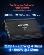 VEVOR automašīnas audio pastiprinātājs, 4 kanālu tiltojams auto pastiprinātājs, daudzkanālu Class AB stereo pastiprinātājs ar maksimālo jaudu 4 × 250 W pie 4 Ω / 4 × 500 W pie 2 Ω, augstas jaudas pastiprinātājs SUV, pikapiem un bezceļu transportlīdzekļiem