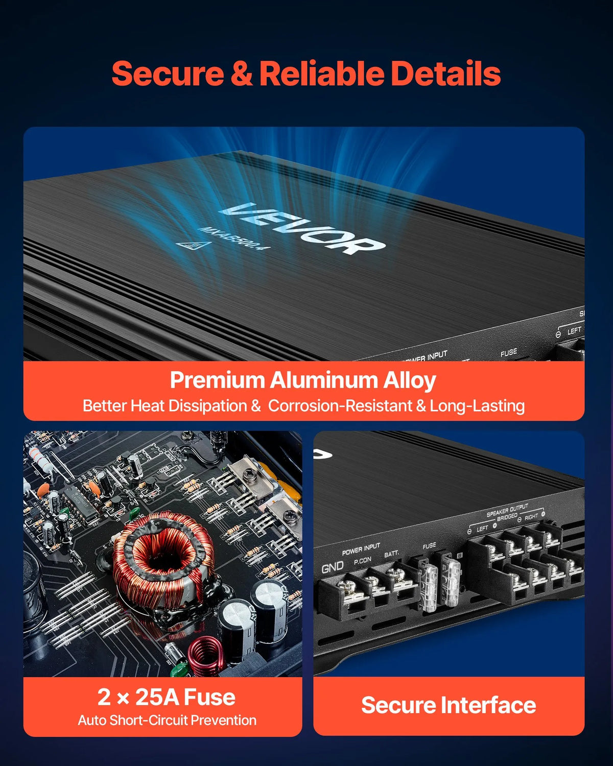 VEVOR automašīnas audio pastiprinātājs, 4 kanālu tiltojams auto pastiprinātājs, daudzkanālu Class AB stereo pastiprinātājs ar maksimālo jaudu 4 × 250 W pie 4 Ω / 4 × 500 W pie 2 Ω, augstas jaudas pastiprinātājs SUV, pikapiem un bezceļu transportlīdzekļiem