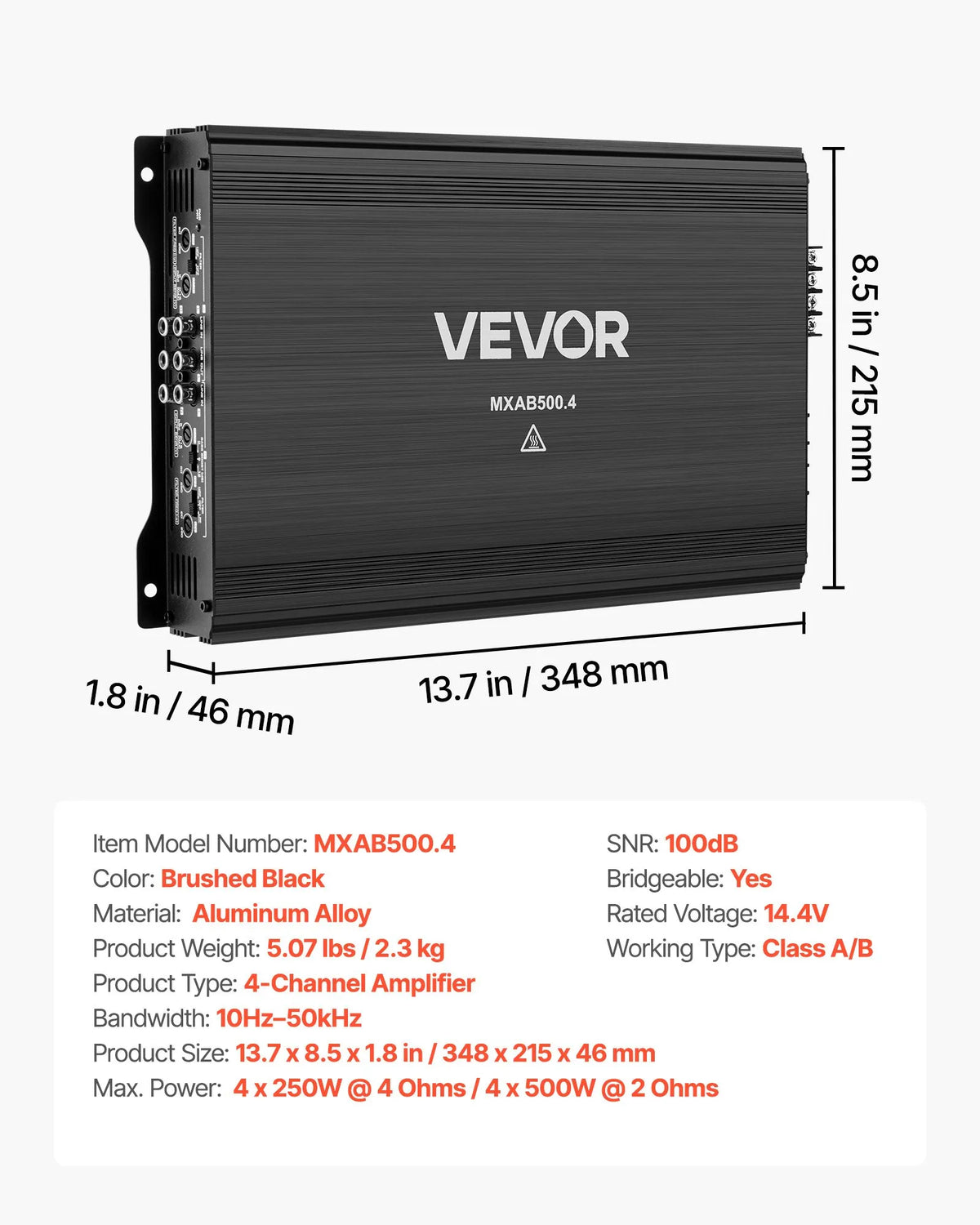 VEVOR automašīnas audio pastiprinātājs, 4 kanālu tiltojams auto pastiprinātājs, daudzkanālu Class AB stereo pastiprinātājs ar maksimālo jaudu 4 × 250 W pie 4 Ω / 4 × 500 W pie 2 Ω, augstas jaudas pastiprinātājs SUV, pikapiem un bezceļu transportlīdzekļiem