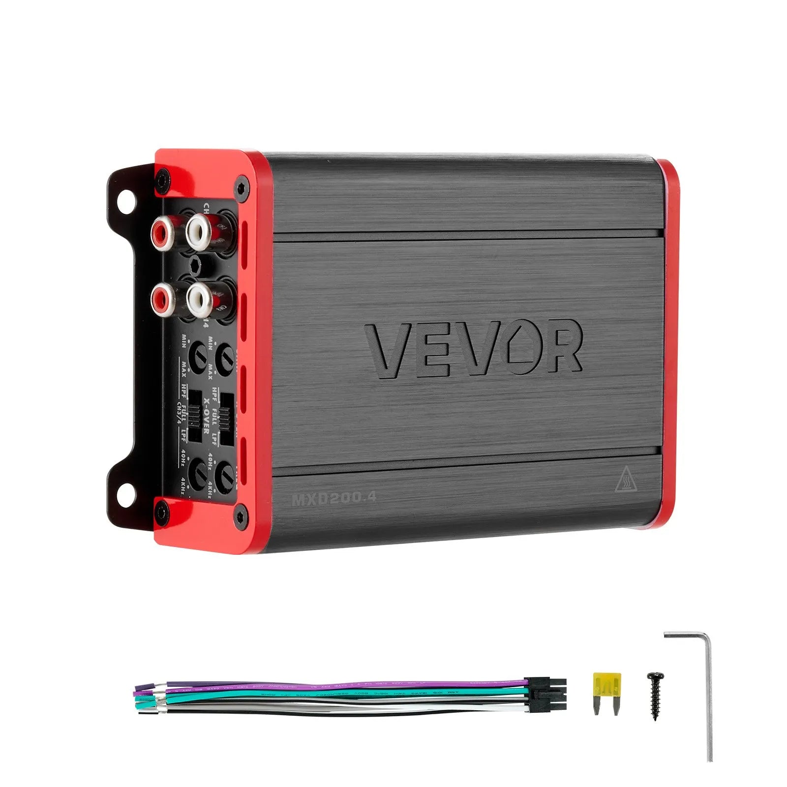 VEVOR automašīnas audio pastiprinātājs, 4 kanālu tiltojams auto pastiprinātājs, daudzkanālu Class D stereo pastiprinātājs ar maksimālo jaudu 4 × 120 W pie 4 Ω / 4 × 200 W pie 2 Ω, augstas jaudas pastiprinātājs SUV, pikapiem un bezceļu transportlīdzekļiem