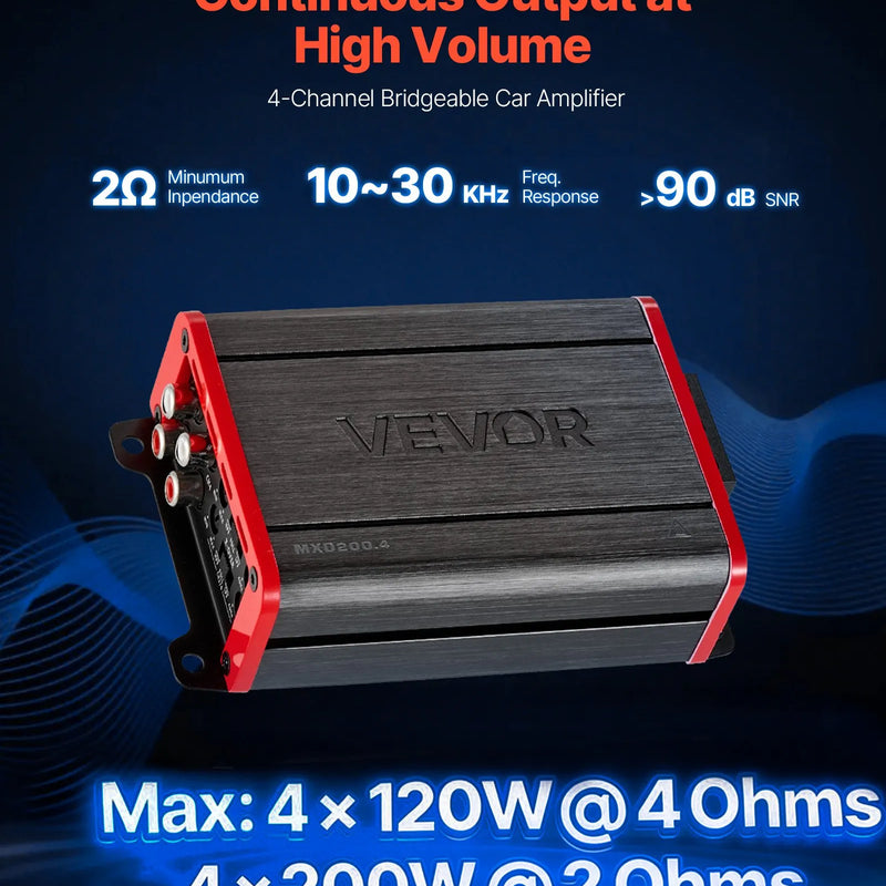 VEVOR automašīnas audio pastiprinātājs, 4 kanālu tiltojams auto pastiprinātājs, daudzkanālu Class D stereo pastiprinātājs ar maksimālo jaudu 4 × 120 W pie 4 Ω / 4 × 200 W pie 2 Ω, augstas jaudas pastiprinātājs SUV, pikapiem un bezceļu transportlīdzekļiem