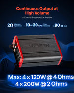 VEVOR automašīnas audio pastiprinātājs, 4 kanālu tiltojams auto pastiprinātājs, daudzkanālu Class D stereo pastiprinātājs ar maksimālo jaudu 4 × 120 W pie 4 Ω / 4 × 200 W pie 2 Ω, augstas jaudas pastiprinātājs SUV, pikapiem un bezceļu transportlīdzekļiem