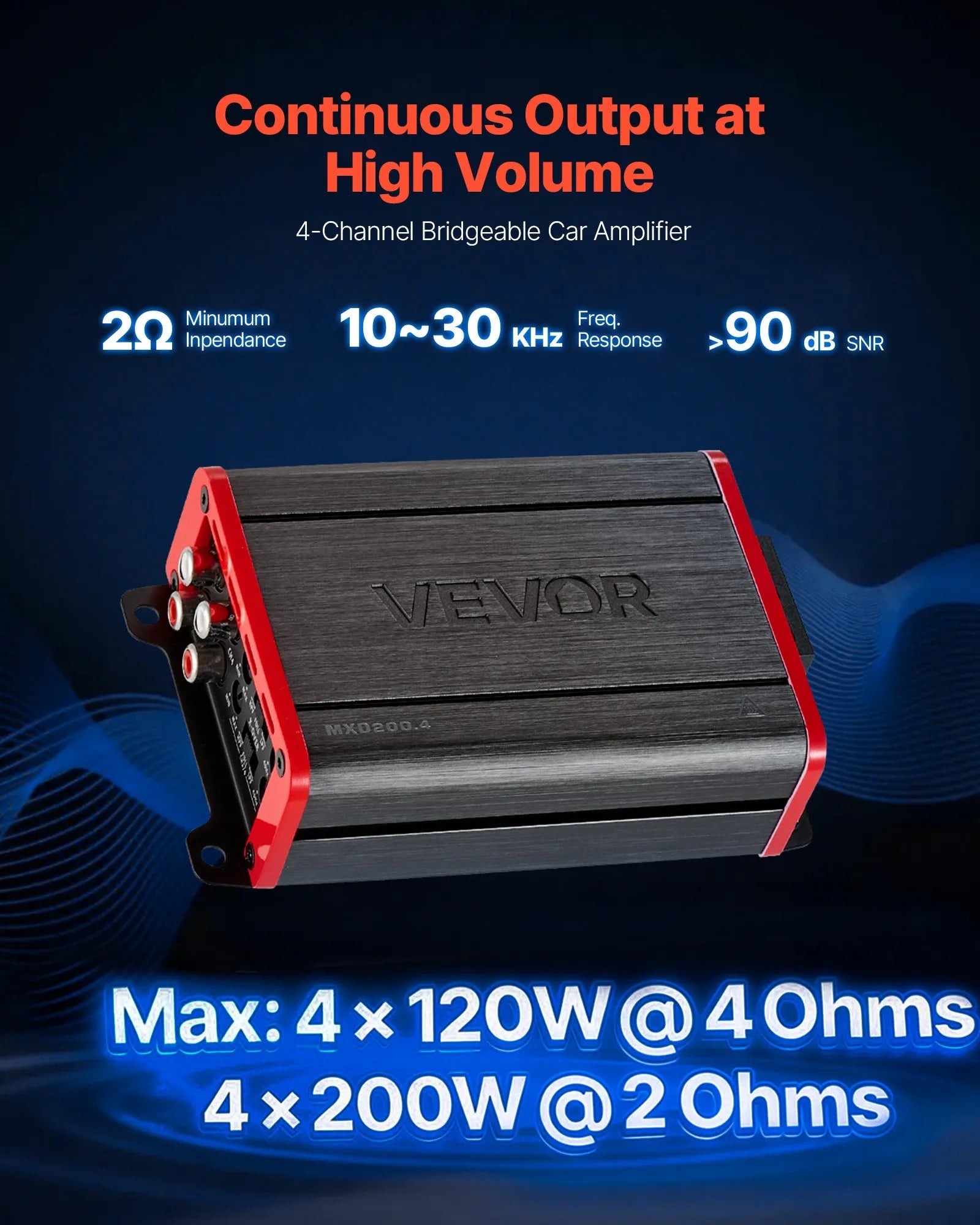 VEVOR automašīnas audio pastiprinātājs, 4 kanālu tiltojams auto pastiprinātājs, daudzkanālu Class D stereo pastiprinātājs ar maksimālo jaudu 4 × 120 W pie 4 Ω / 4 × 200 W pie 2 Ω, augstas jaudas pastiprinātājs SUV, pikapiem un bezceļu transportlīdzekļiem