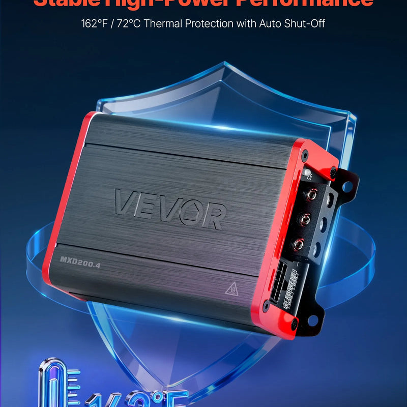 VEVOR automašīnas audio pastiprinātājs, 4 kanālu tiltojams auto pastiprinātājs, daudzkanālu Class D stereo pastiprinātājs ar maksimālo jaudu 4 × 120 W pie 4 Ω / 4 × 200 W pie 2 Ω, augstas jaudas pastiprinātājs SUV, pikapiem un bezceļu transportlīdzekļiem