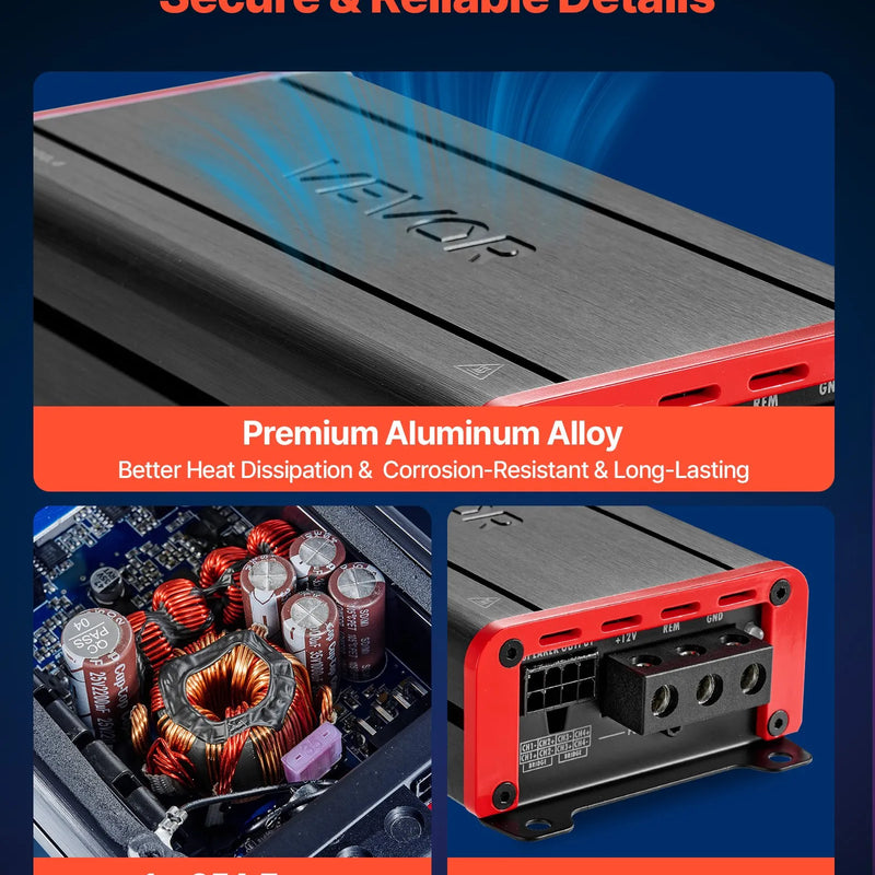 VEVOR automašīnas audio pastiprinātājs, 4 kanālu tiltojams auto pastiprinātājs, daudzkanālu Class D stereo pastiprinātājs ar maksimālo jaudu 4 × 120 W pie 4 Ω / 4 × 200 W pie 2 Ω, augstas jaudas pastiprinātājs SUV, pikapiem un bezceļu transportlīdzekļiem