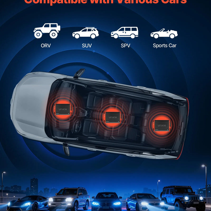 VEVOR automašīnas audio pastiprinātājs, 4 kanālu tiltojams auto pastiprinātājs, daudzkanālu Class D stereo pastiprinātājs ar maksimālo jaudu 4 × 120 W pie 4 Ω / 4 × 200 W pie 2 Ω, augstas jaudas pastiprinātājs SUV, pikapiem un bezceļu transportlīdzekļiem