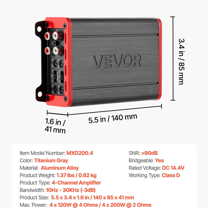VEVOR automašīnas audio pastiprinātājs, 4 kanālu tiltojams auto pastiprinātājs, daudzkanālu Class D stereo pastiprinātājs ar maksimālo jaudu 4 × 120 W pie 4 Ω / 4 × 200 W pie 2 Ω, augstas jaudas pastiprinātājs SUV, pikapiem un bezceļu transportlīdzekļiem