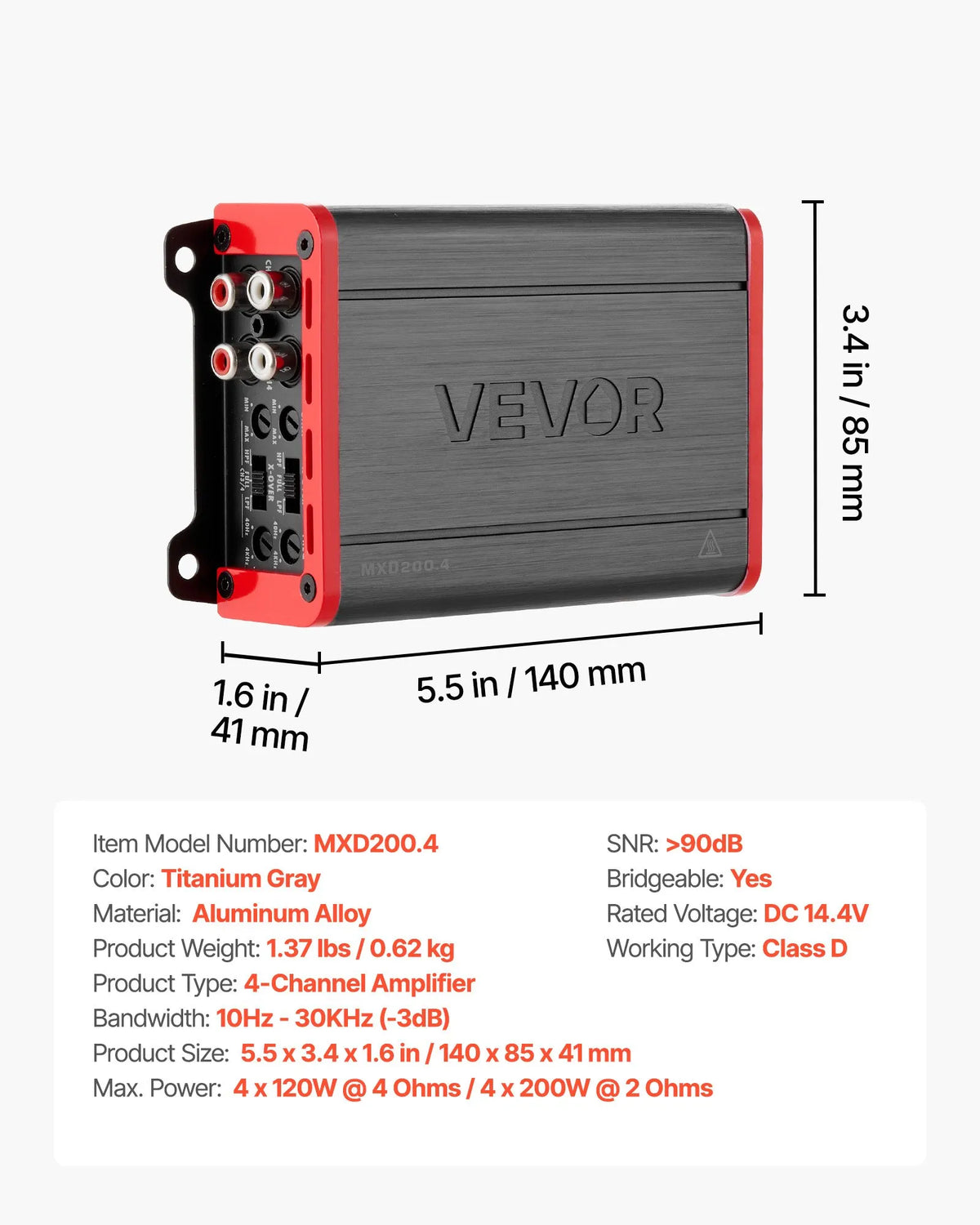 VEVOR automašīnas audio pastiprinātājs, 4 kanālu tiltojams auto pastiprinātājs, daudzkanālu Class D stereo pastiprinātājs ar maksimālo jaudu 4 × 120 W pie 4 Ω / 4 × 200 W pie 2 Ω, augstas jaudas pastiprinātājs SUV, pikapiem un bezceļu transportlīdzekļiem