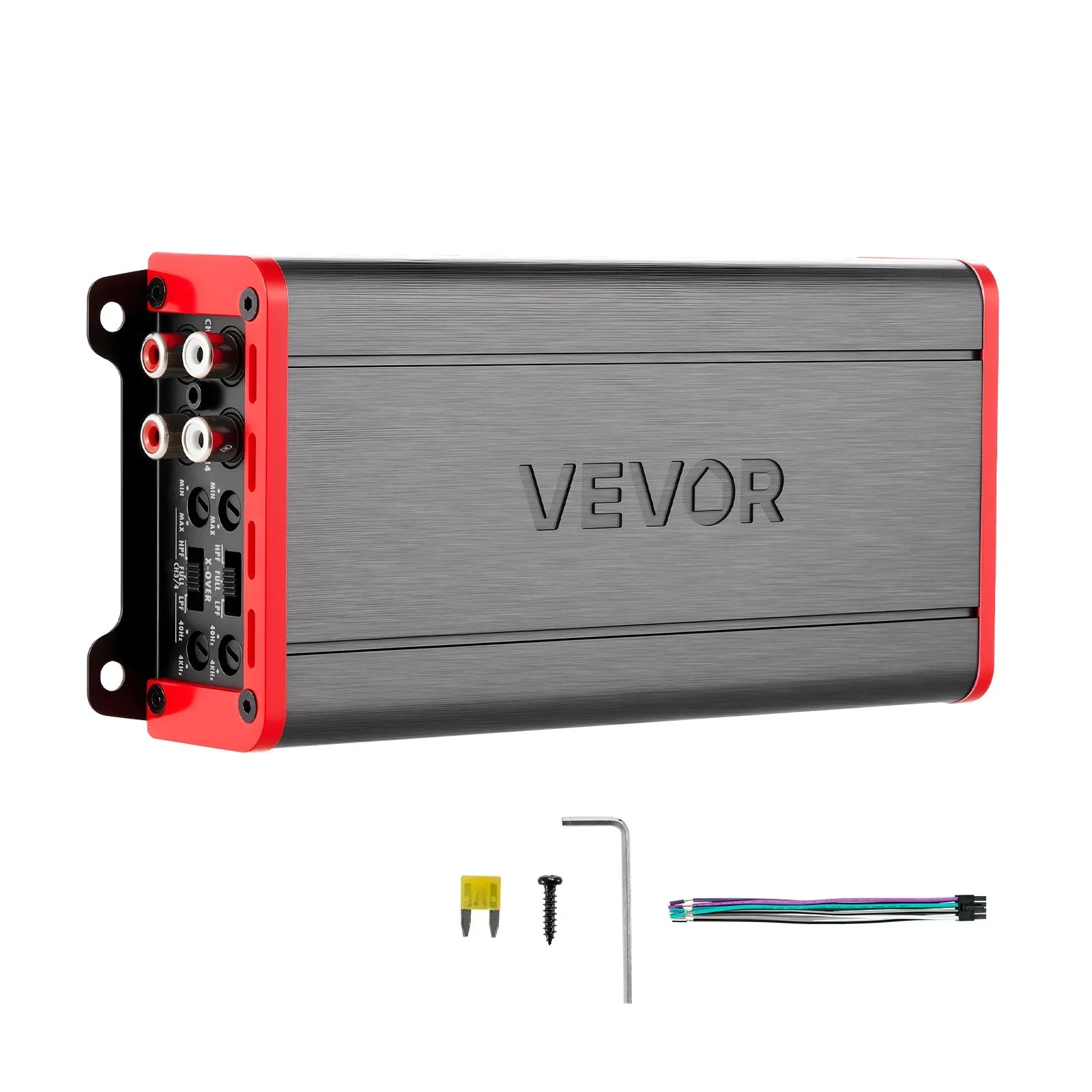 VEVOR automašīnas audio pastiprinātājs, 4 kanālu tiltojams auto pastiprinātājs, daudzkanālu Class D stereo pastiprinātājs ar maksimālo jaudu 4 × 272 W pie 4 Ω / 4 × 400 W pie 2 Ω, augstas jaudas pastiprinātājs SUV, pikapiem un bezceļu transportlīdzekļiem