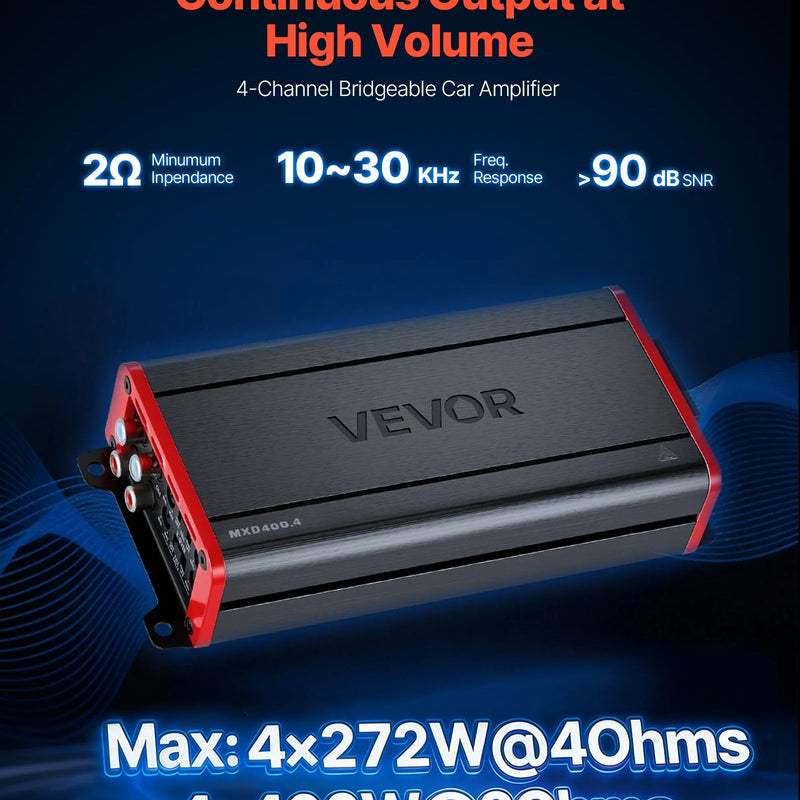 VEVOR automašīnas audio pastiprinātājs, 4 kanālu tiltojams auto pastiprinātājs, daudzkanālu Class D stereo pastiprinātājs ar maksimālo jaudu 4 × 272 W pie 4 Ω / 4 × 400 W pie 2 Ω, augstas jaudas pastiprinātājs SUV, pikapiem un bezceļu transportlīdzekļiem