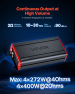 VEVOR automašīnas audio pastiprinātājs, 4 kanālu tiltojams auto pastiprinātājs, daudzkanālu Class D stereo pastiprinātājs ar maksimālo jaudu 4 × 272 W pie 4 Ω / 4 × 400 W pie 2 Ω, augstas jaudas pastiprinātājs SUV, pikapiem un bezceļu transportlīdzekļiem