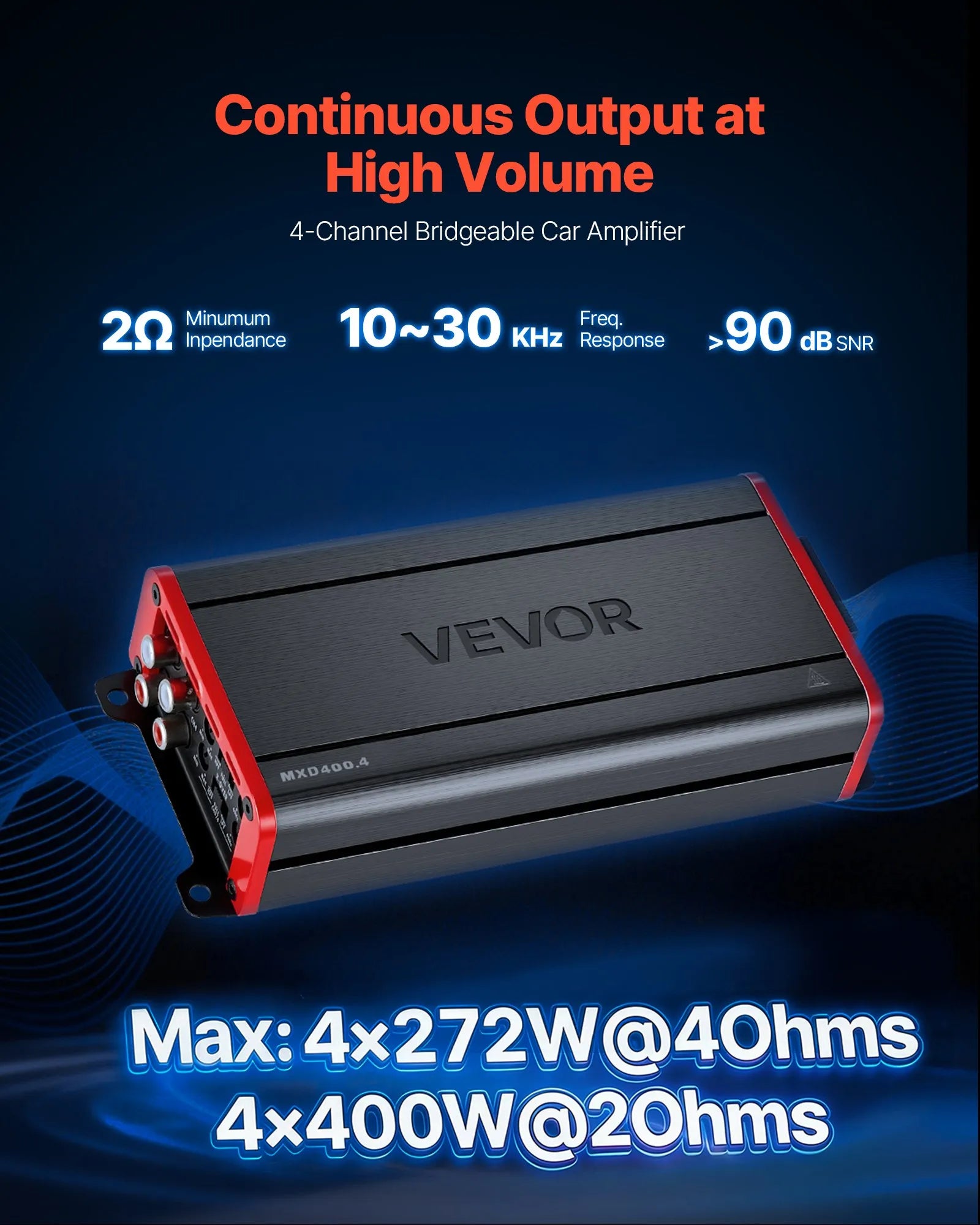 VEVOR automašīnas audio pastiprinātājs, 4 kanālu tiltojams auto pastiprinātājs, daudzkanālu Class D stereo pastiprinātājs ar maksimālo jaudu 4 × 272 W pie 4 Ω / 4 × 400 W pie 2 Ω, augstas jaudas pastiprinātājs SUV, pikapiem un bezceļu transportlīdzekļiem
