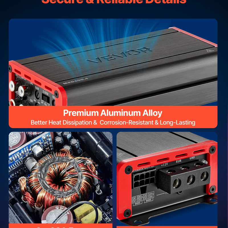 VEVOR automašīnas audio pastiprinātājs, 4 kanālu tiltojams auto pastiprinātājs, daudzkanālu Class D stereo pastiprinātājs ar maksimālo jaudu 4 × 272 W pie 4 Ω / 4 × 400 W pie 2 Ω, augstas jaudas pastiprinātājs SUV, pikapiem un bezceļu transportlīdzekļiem