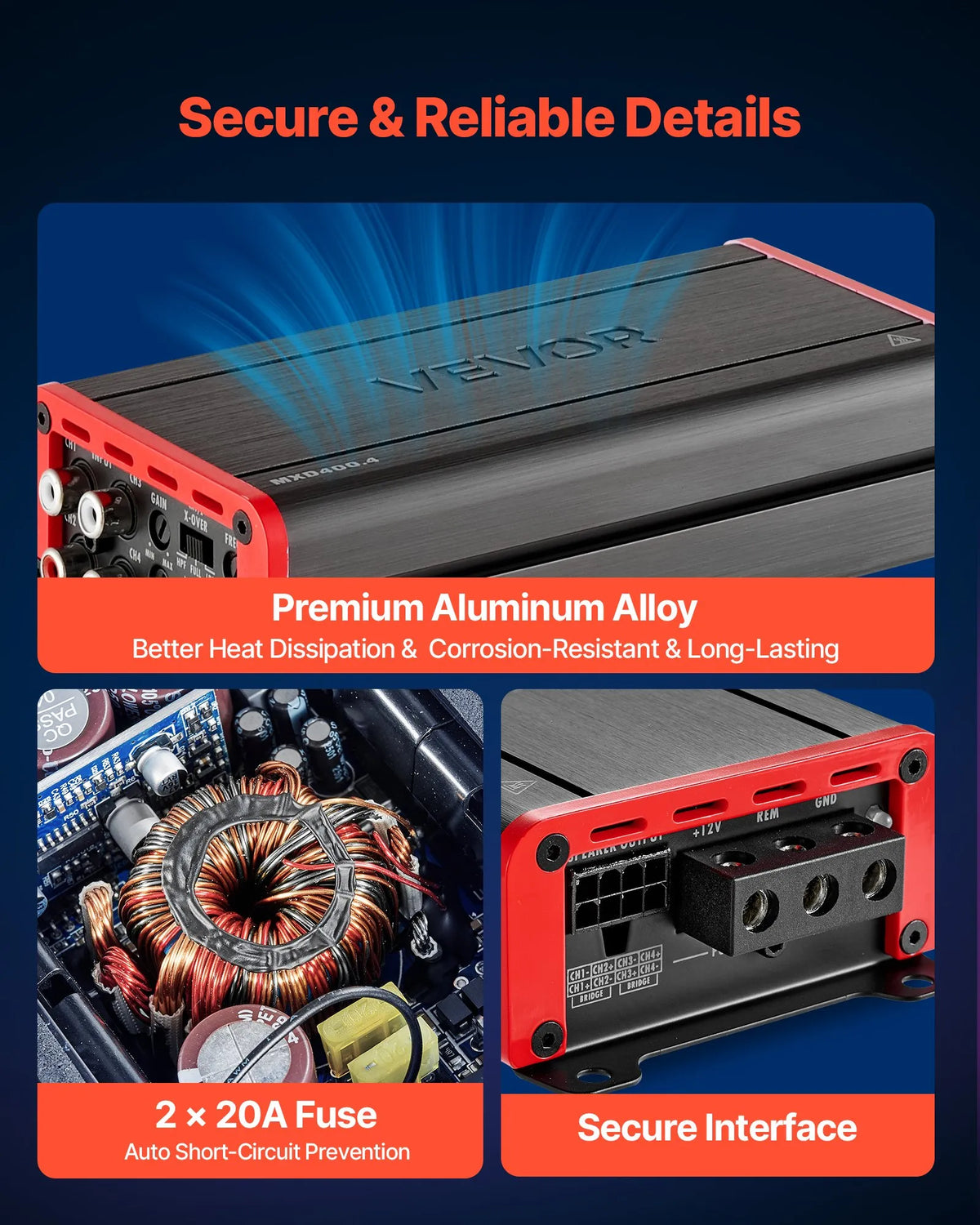 VEVOR automašīnas audio pastiprinātājs, 4 kanālu tiltojams auto pastiprinātājs, daudzkanālu Class D stereo pastiprinātājs ar maksimālo jaudu 4 × 272 W pie 4 Ω / 4 × 400 W pie 2 Ω, augstas jaudas pastiprinātājs SUV, pikapiem un bezceļu transportlīdzekļiem
