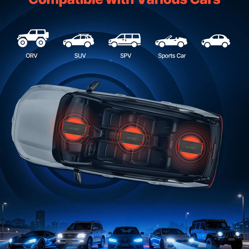 VEVOR automašīnas audio pastiprinātājs, 4 kanālu tiltojams auto pastiprinātājs, daudzkanālu Class D stereo pastiprinātājs ar maksimālo jaudu 4 × 272 W pie 4 Ω / 4 × 400 W pie 2 Ω, augstas jaudas pastiprinātājs SUV, pikapiem un bezceļu transportlīdzekļiem