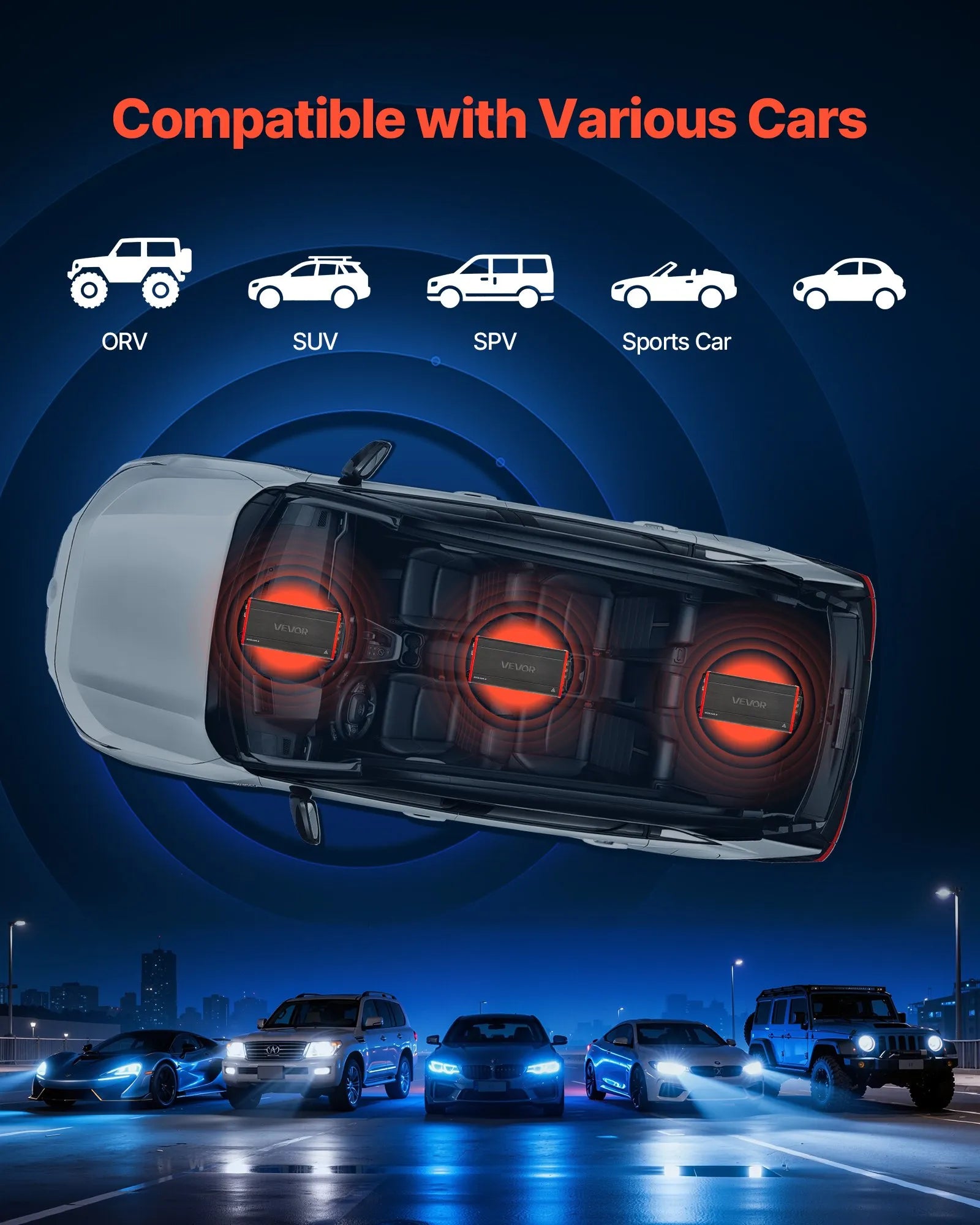 VEVOR automašīnas audio pastiprinātājs, 4 kanālu tiltojams auto pastiprinātājs, daudzkanālu Class D stereo pastiprinātājs ar maksimālo jaudu 4 × 272 W pie 4 Ω / 4 × 400 W pie 2 Ω, augstas jaudas pastiprinātājs SUV, pikapiem un bezceļu transportlīdzekļiem