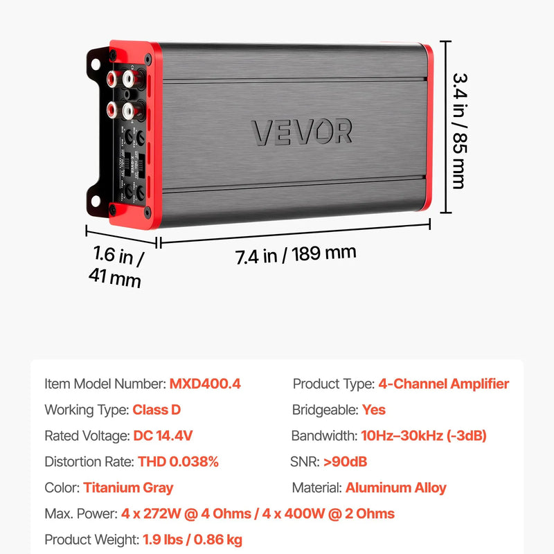 VEVOR automašīnas audio pastiprinātājs, 4 kanālu tiltojams auto pastiprinātājs, daudzkanālu Class D stereo pastiprinātājs ar maksimālo jaudu 4 × 272 W pie 4 Ω / 4 × 400 W pie 2 Ω, augstas jaudas pastiprinātājs SUV, pikapiem un bezceļu transportlīdzekļiem