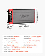 VEVOR automašīnas audio pastiprinātājs, 4 kanālu tiltojams auto pastiprinātājs, daudzkanālu Class D stereo pastiprinātājs ar maksimālo jaudu 4 × 272 W pie 4 Ω / 4 × 400 W pie 2 Ω, augstas jaudas pastiprinātājs SUV, pikapiem un bezceļu transportlīdzekļiem